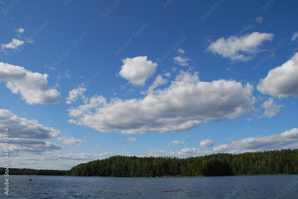 Beautiful clouds landscape over the lake. Above the forest lake, the shores of which are overgrown with green trees and bushes, large cumulus white-gray clouds majestically float.