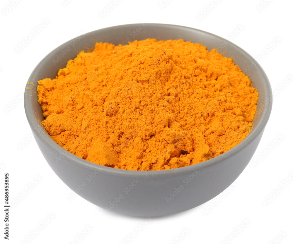 Aromatic saffron powder in bowl on white background Aromatic saffron powder in bowl on white background