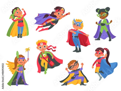 Kids superheroes. Funny little boys and girls wearing colorful costumes with masks, cute brave cartoon children characters in different active poses, power holders, vector set