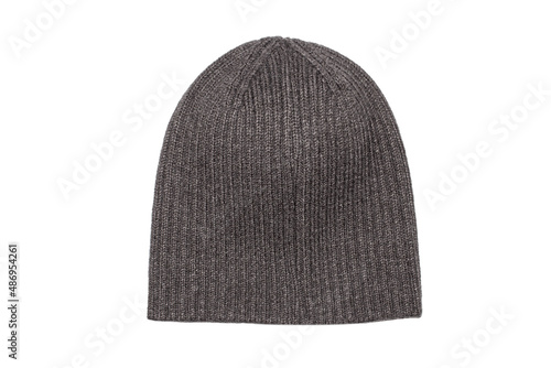 Grey wool knitted hat on a white background.Knitted gray hat without a collar.