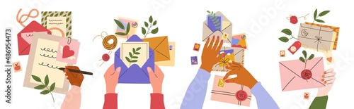 Postal envelopes with hands. Human arms write letters. Sign postcards and invitations. Glue postage stamps and put herbarium. Mail notes. Wax seals and leaves. Vector correspondence set