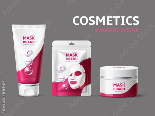 Realistic cosmetic mask packaging design. Face skincare product line. Different containers unified styling. 3D jar, tube and sachet. Collagen moisturizer. Vector blank packages set