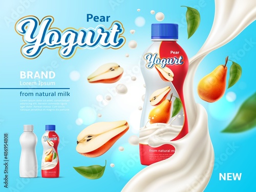 Realistic drinking yogurt banner. Fermented milk product. Plastic bottle. Whole and half pears. Cream splash. Healthy beverage advertising poster. Fruit taste dessert. Vector concept