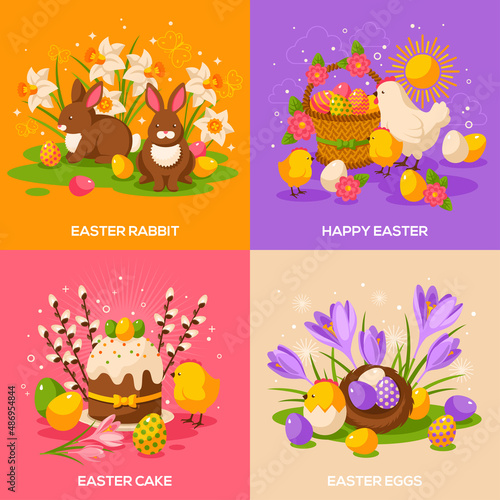 Set of Easter Spring Holiday Concepts. Vector Illustration. Flat Easter Icons. Easter cake, Bunny Rabbit, Easter Egg Hunt, Easter Eggs, Hen and Chicken, Crocus, Basket with Eggs, Willow Tree, Nest © kotoffei