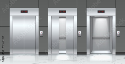 Realistic elevators and entrance doors. Metal passenger lifts. Slightly, opened and closed doorways. Building hallway interior. Marble floor and tiled wall. Vector lobby cabin gates set