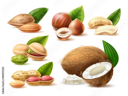 Realistic nuts. 3D natural products. Dry vegetables snacks. Almond and pistachio. Coconut with leaves. Hazelnut kernels or halves. Isolated peanuts and cashew pieces. Vector food set