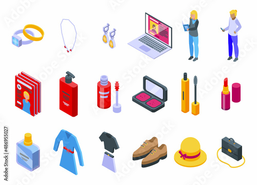 Womens magazine icons set isometric vector. Elegant accessories. Fashion clothing