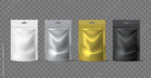 Realistic pouch package. Isolated foil zip lock packaging. Different colors bags. Gold or silver 3D product containers mockup for branding. Black or white plastic sachets. Vector packs set