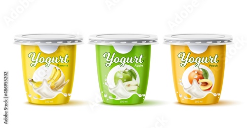 Realistic yogurt package design. Fruits milk dessert plastic containers. Natural Greek products. Banana, peach and apple tastes. Isolated closed jars. Vector sweet cream food packaging set