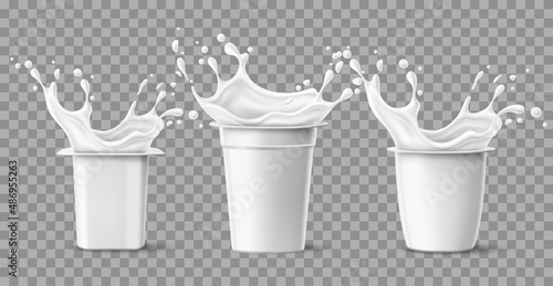 Realistic yogurt splashes. Plastic opened packages. Fermented milk splatters and drops. Natural Greek product. Different shapes 3D cream containers mockup. Vector blank packaging set