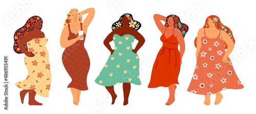 Summer happy women. Beautiful body positive ladies with spring colorful sundresses, flowing long hair with flowers, summer beautiful female characters, vector cartoon flat isolated set