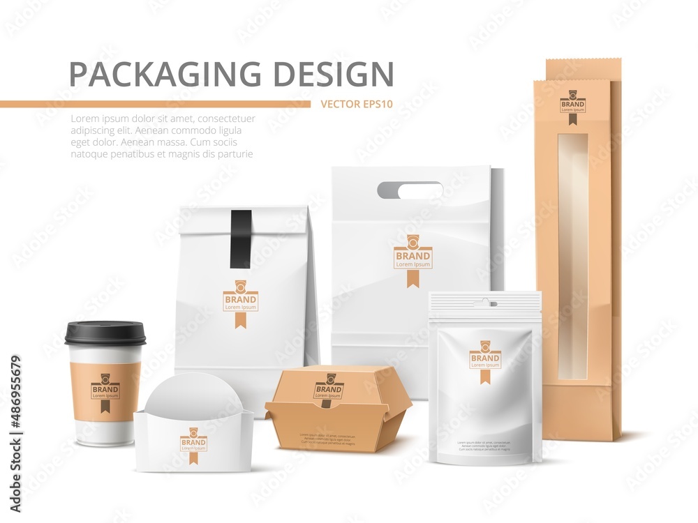 Takeaway packaging identity design. Realistic branded delivery food
