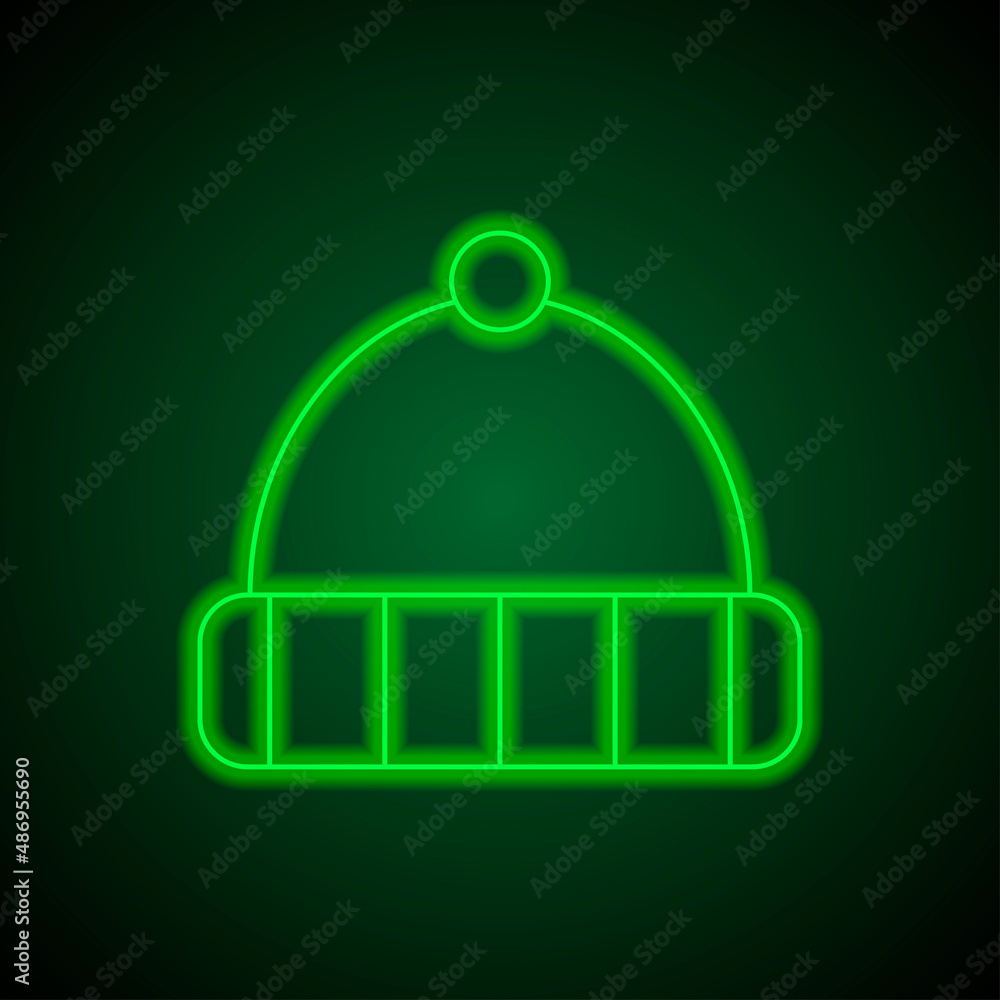 Winter hat simple icon. Flat desing. Green neon on black background with green light Winter hat simple icon. Flat desing. Green neon on black background with green light