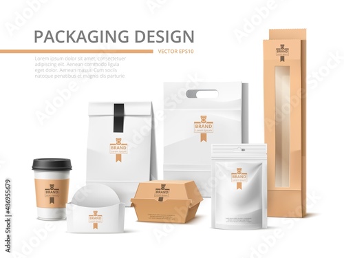 Takeaway packaging identity design. Realistic branded delivery food bags. Boxes and containers. Paper street meal pack mockup. Sachet and cup. Pouch pack. Vector empty containers set