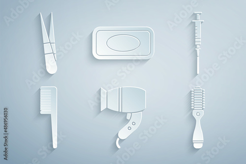 Set Hair dryer, Syringe, Hairbrush, Bar of soap and Eyebrow tweezers icon. Vector