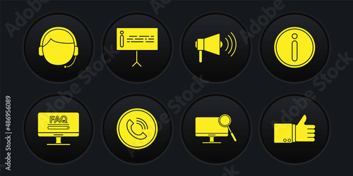 Set Monitor with FAQ information, Information, Phone call, Computer monitor diagnostics, Megaphone, Hand thumb up and Man headset icon. Vector