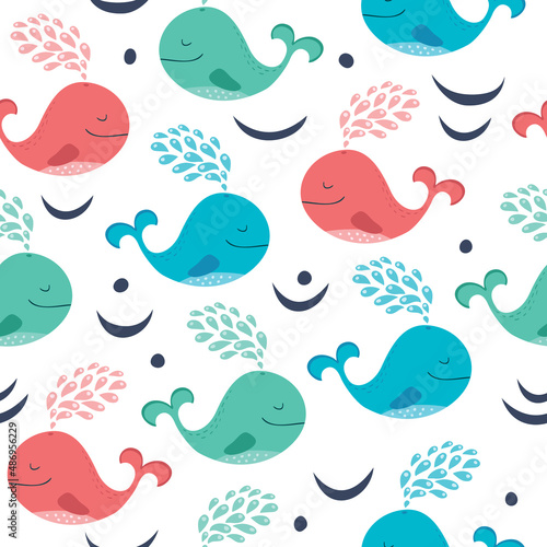 Seamless pattern with cute whales. © Elena Melnikova