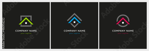 Three real estate logo templates with house and roof icon.