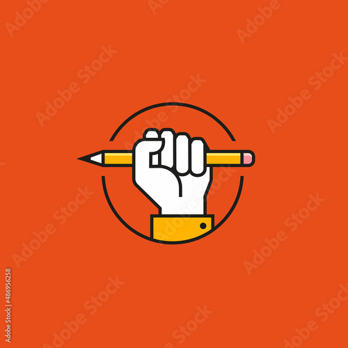 Hand in a fist holding a pencil. Creative art logo. Writing, drawing or sketching vector symbol.