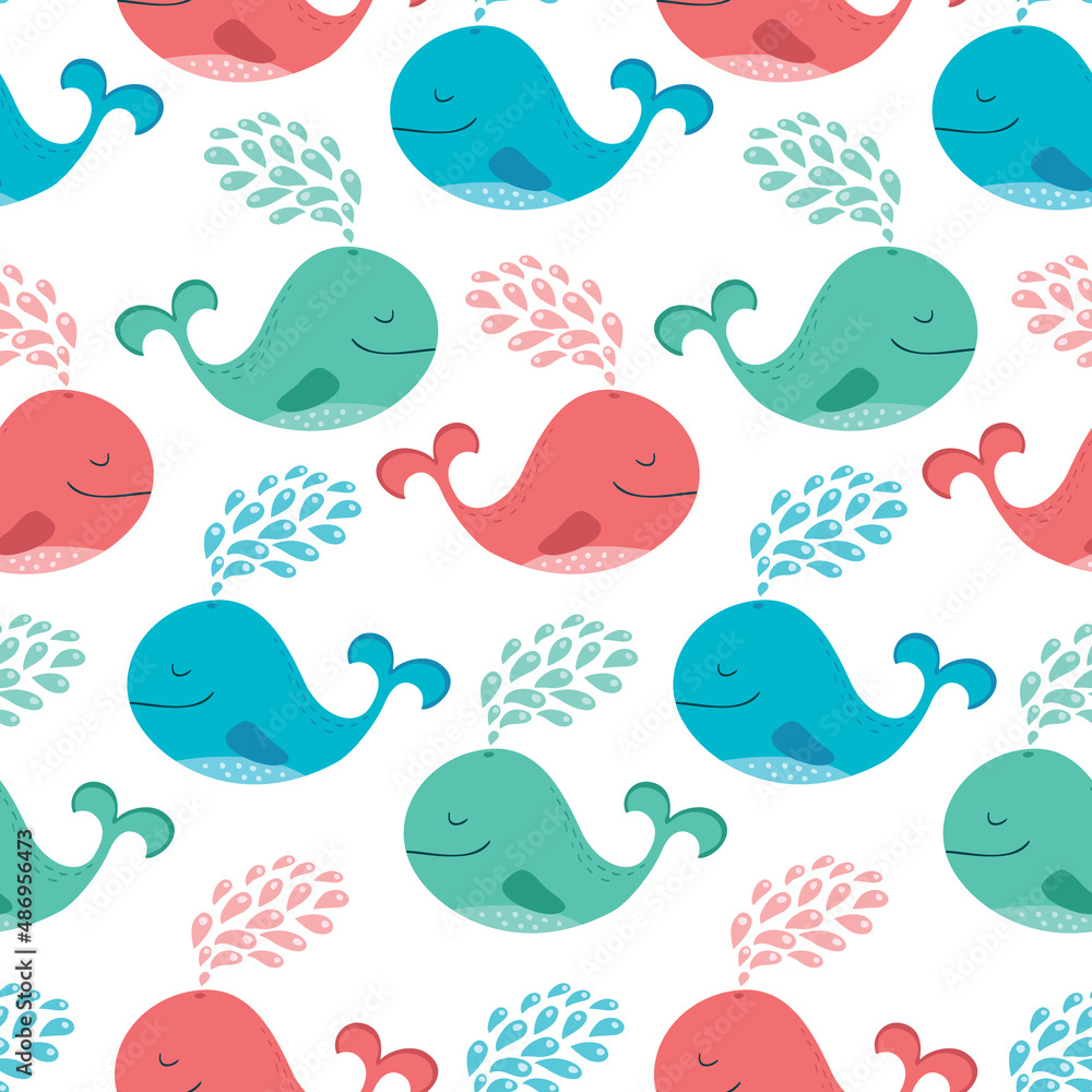 Naklejka premium Simple seamless background with whales, sea and yachts.