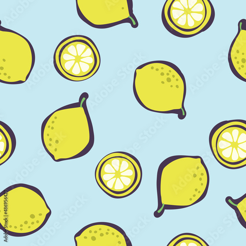 Simple seamless background with lemon, banana, watermelon and pomegranate.
