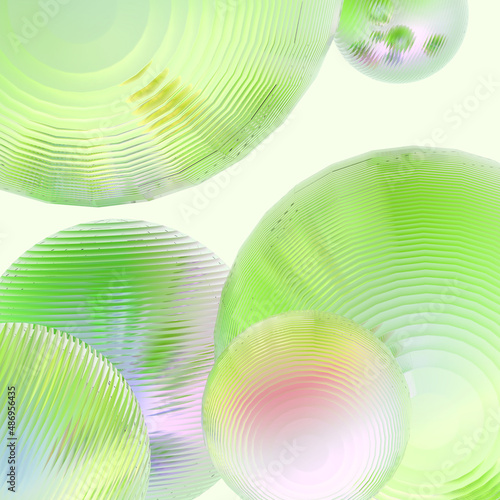 Abstract 3d object metal balls green pink gradient colors background.