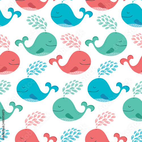 Simple seamless background with whales  sea and yachts.