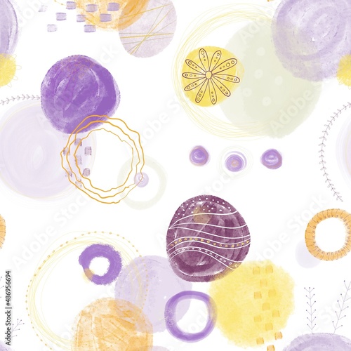 Delicate modern light seamless pattern of circles, ovals, lines, outlines, flowers and leaves. Girly, joyful and spring. For textile design, wallpaper or background