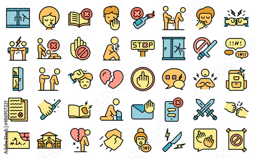 Violence at school icons set outline vector. Victim abuse. Family depresion