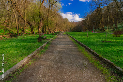 symmetry ground track road in vibrant landscape scenic view of the park spring time vivid colorful environment space for early April month