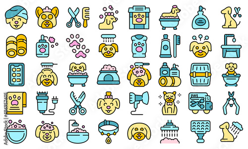 Dogs spa icons set outline vector. Shower grooming. Animal spa