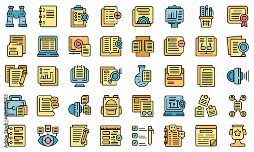 Case study icons set outline vector. Proposal platthin line color flat on white