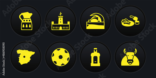 Set Map of Spain, Churros and chocolate, Football ball, Orujo, Concert hall de Tenerife, Montjuic castle, Bull and Sangria pitcher icon. Vector