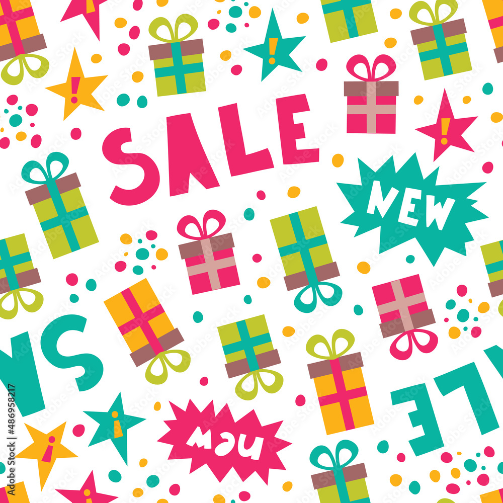 Seamless pattern with gift boxes and sale.