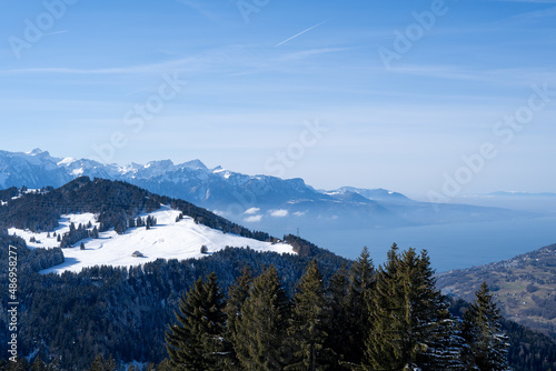 View to Lake Geneva in Les Paccots in Fribourg, Switzerland © akslam