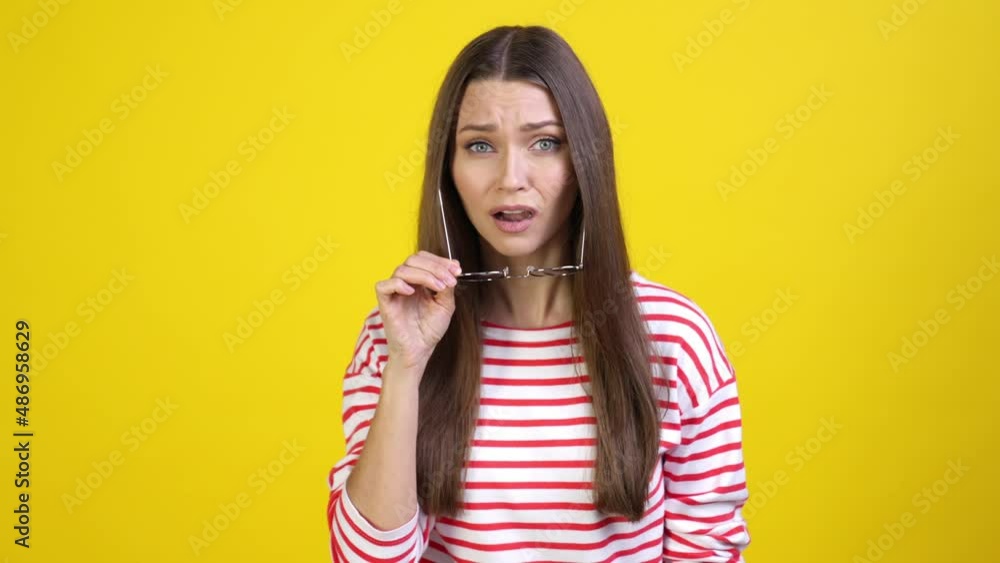 Lady impressed difficult dilemma isolated bright shine color background Lady impressed difficult dilemma isolated bright shine color background