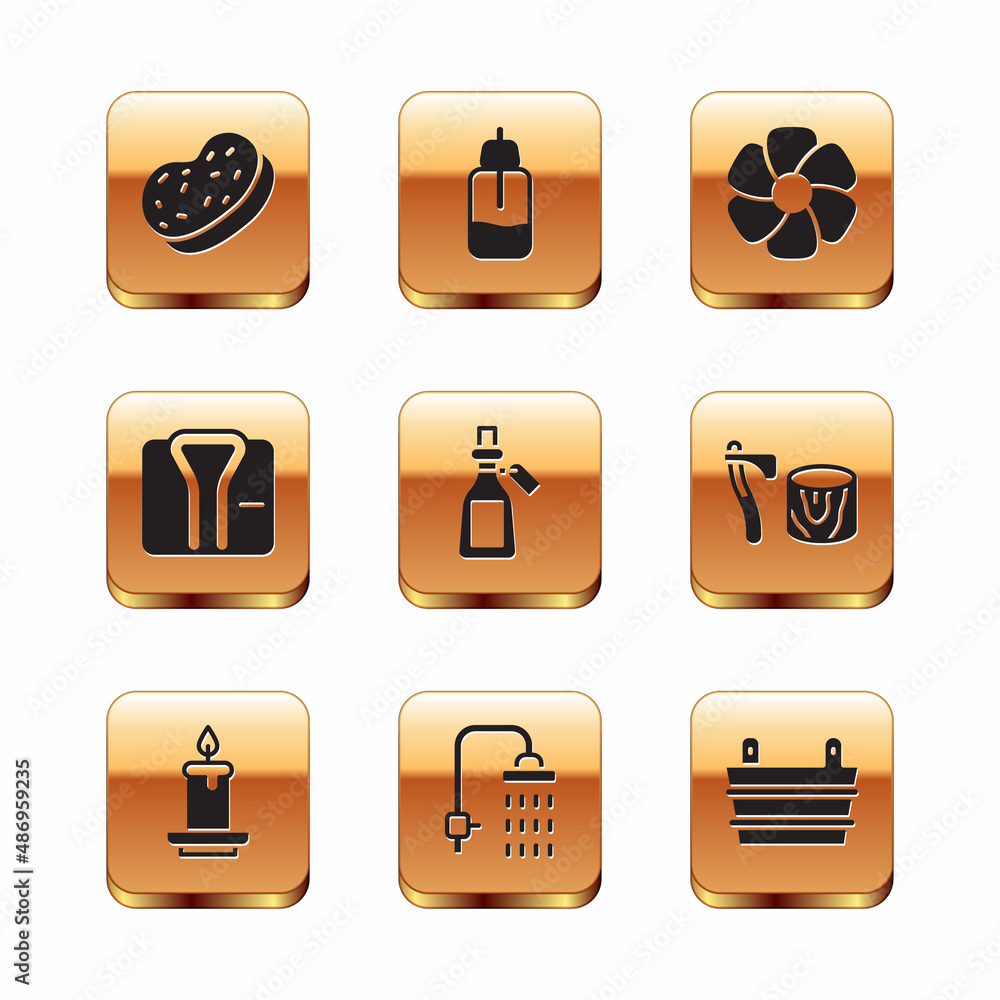 Set Bath sponge, Aroma candle, Shower, Essential oil bottle, Bathrobe, Flower, Sauna bucket and icon. Vector Set Bath sponge, Aroma candle, Shower, Essential oil bottle, Bathrobe, Flower, Sauna bucket and icon. Vector