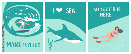 Set of Postcard I love sea in a marine style