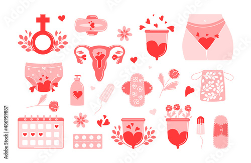 The topic of menstruation. Period. Various hygiene products for women. Zero waste facilities Panties, pads, cup, tampon, uterus, calendar. Protection of the menstrual cycle, feminine hygiene.