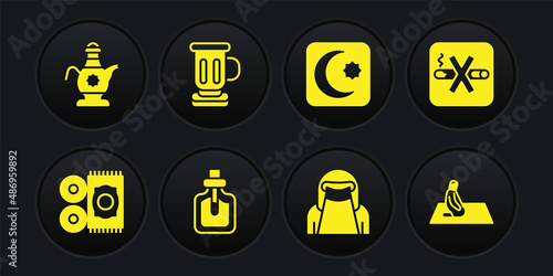 Set Traditional carpet, No Smoking, Perfume, Muslim woman niqab, Star and crescent, Medieval goblet, prays and Islamic teapot icon. Vector