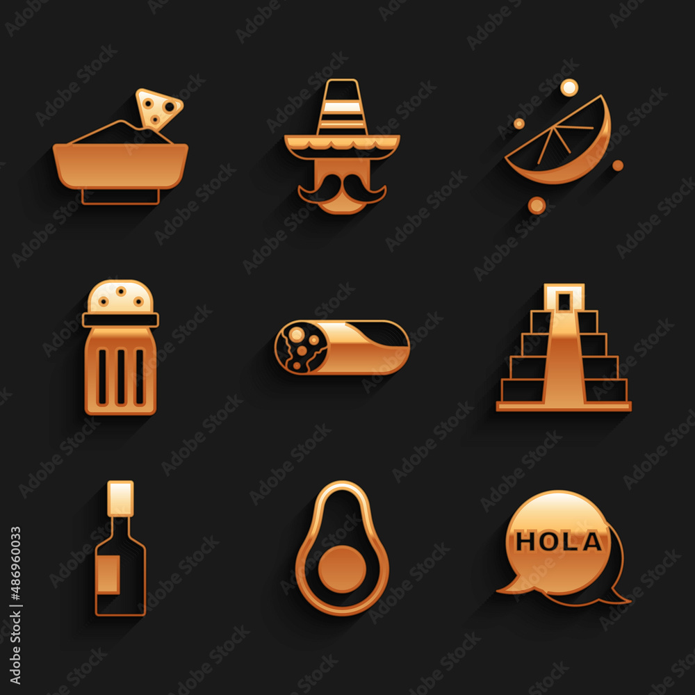Set Burrito, Avocado fruit, Hola, Chichen Itza in Mayan, Tabasco sauce, Salt, Sliced lime and Nachos bowl icon. Vector Set Burrito, Avocado fruit, Hola, Chichen Itza in Mayan, Tabasco sauce, Salt, Sliced lime and Nachos bowl icon. Vector