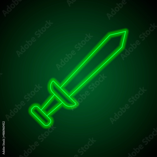 Sword simple icon. Flat desing. Green neon on black background with green light.ai