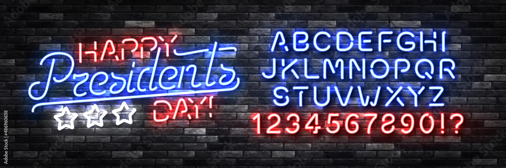 Vector realistic isolated neon sign of Happy Presidents Day with easy to change color alphabet font logo on the wall background. Vector realistic isolated neon sign of Happy Presidents Day with easy to change color alphabet font logo on the wall background.