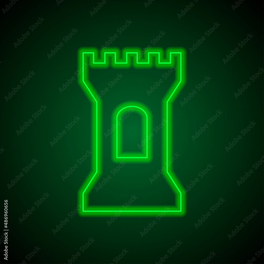 Tower simple icon. Flat desing. Green neon on black background with green light.ai