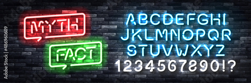 Vector realistic isolated neon sign of Myth and Fact with easy to change color alphabet font on the wall background.