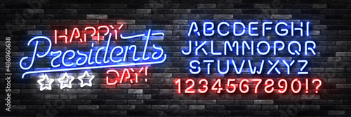 Vector realistic isolated neon sign of Happy Presidents Day with easy to change color alphabet font logo on the wall background.