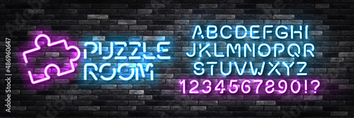 Vector realistic isolated neon sign of Puzzle Room with easy to change color alphabet font logo on the wall background.