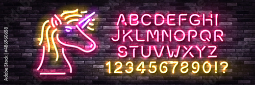 Vector realistic isolated neon sign of Unicorn with easy to change color alphabet font for template decoration and covering on the wall background.