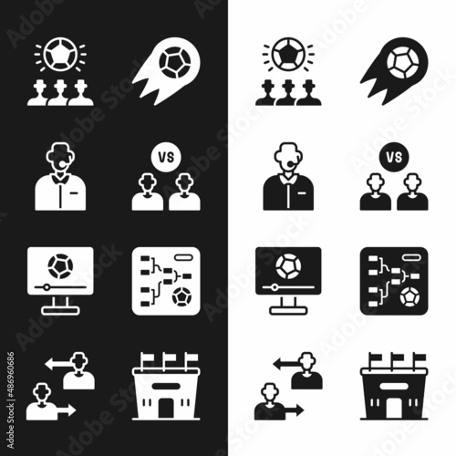 Set Football or soccer player, commentator, Soccer football, match on TV, Championship tournament bracket, stadium and Substitution icon. Vector