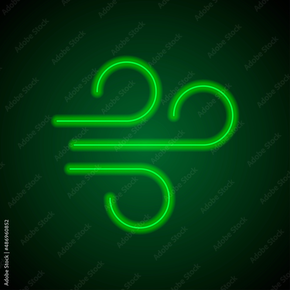 Naklejka premium Wind simple icon. Flat desing. Green neon on black background with green light.ai